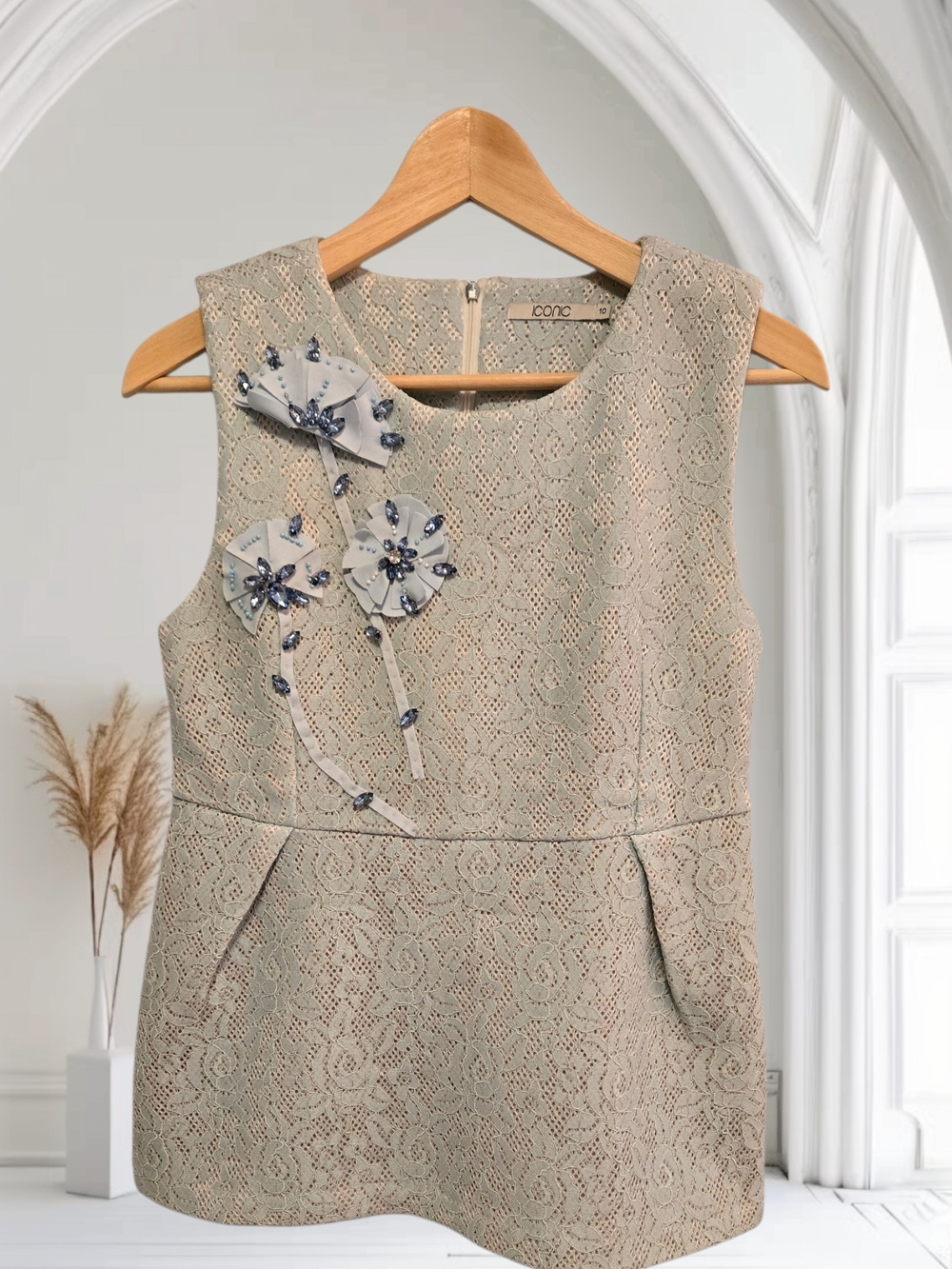 Lace Shell Top with Floral Embellishments - Light Blue/Cream - Women's Size 10